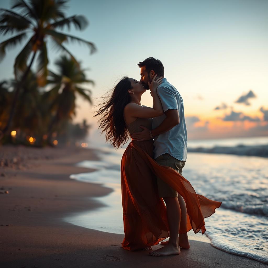 A romantic scene depicting a passionate kiss between two adults in a soft, warm sunset light