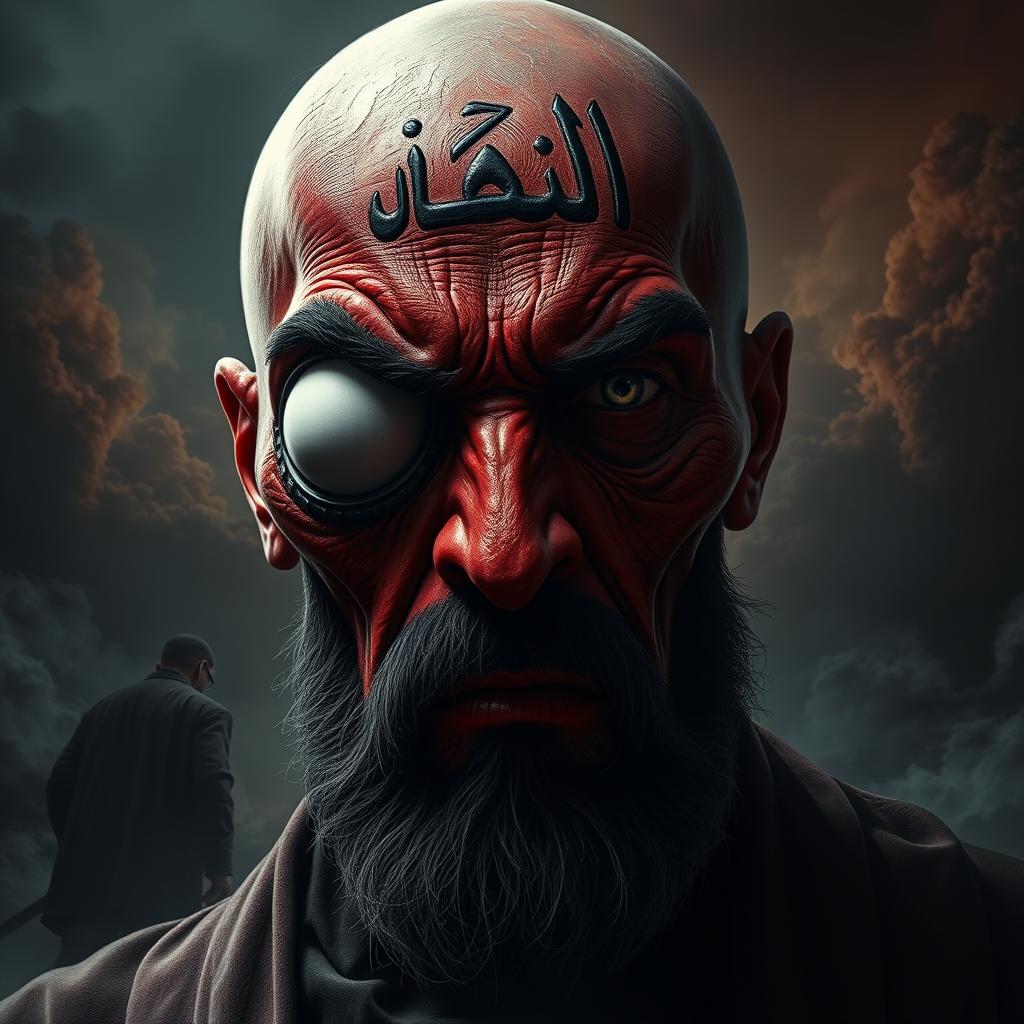 A hyper-realistic depiction of Dajjal from Islamic eschatology, characterized by a monstrous appearance with a swollen left eye that appears white