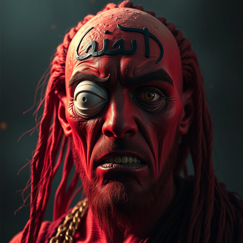 A hyper-realistic depiction of Dajjal, the False Messiah in Islamic eschatology, featuring a monstrous appearance with a red complexion