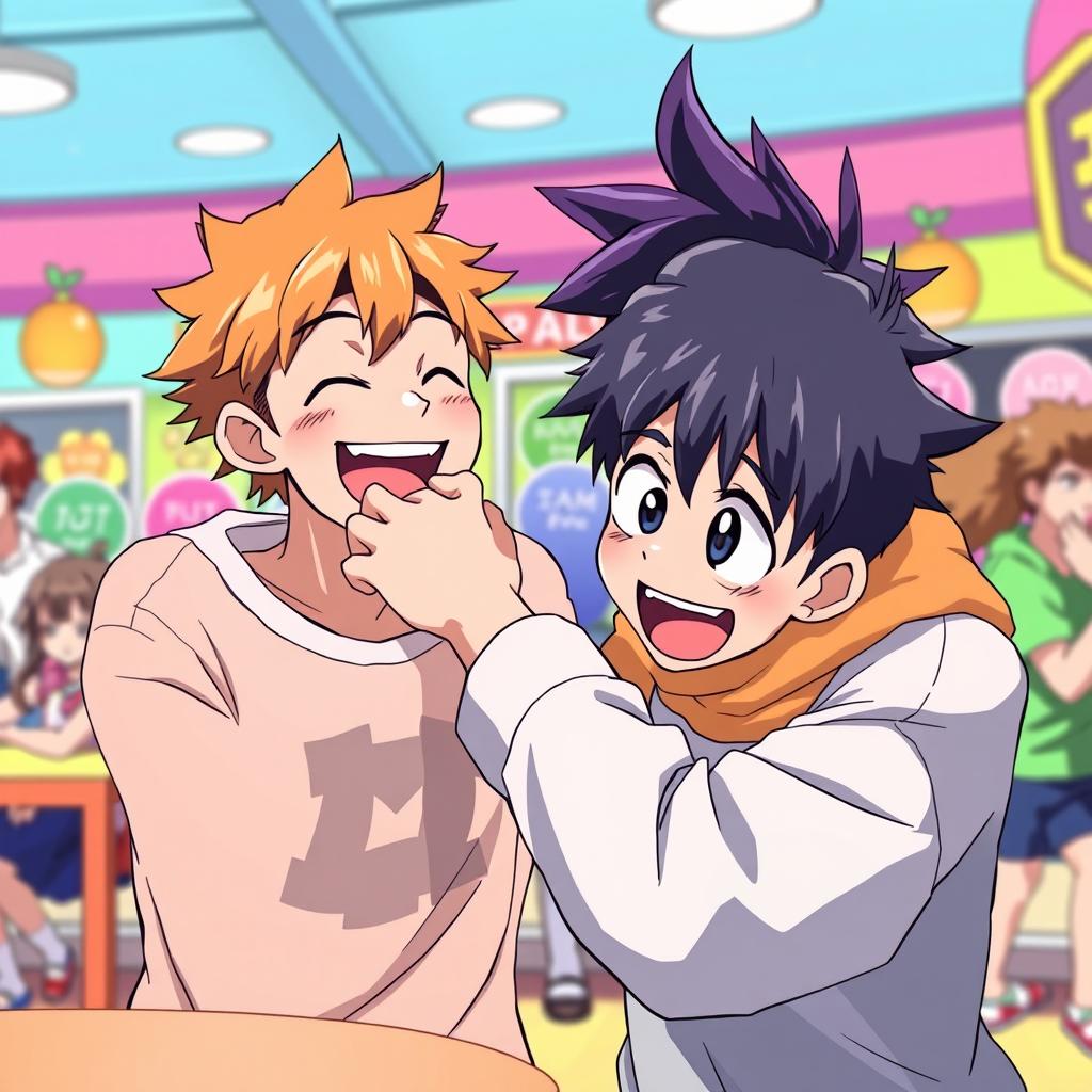 A humorous scene of a guy playfully biting his friend's arm as a joke, depicted in vibrant anime style