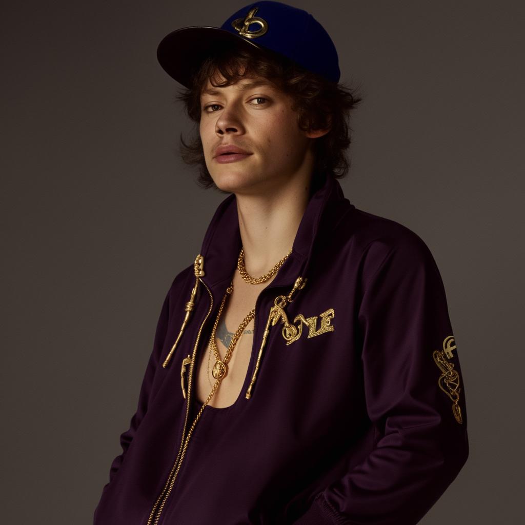 Harry Styles in urban-style clothing, featuring a tracksuit, gold chains, and a baseball cap