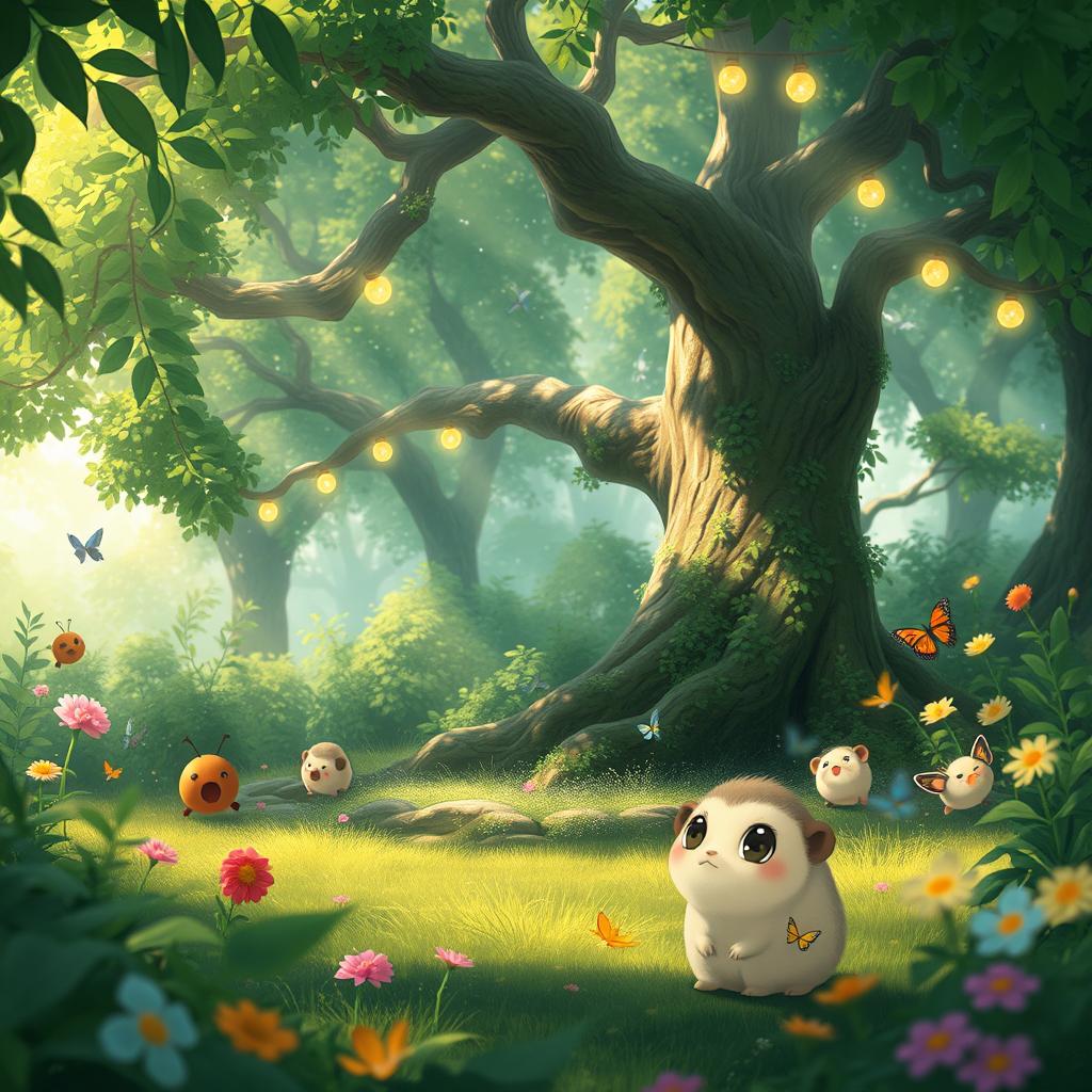 A whimsical forest clearing filled with fantastical creatures and lush greenery, reminiscent of a Studio Ghibli animation style
