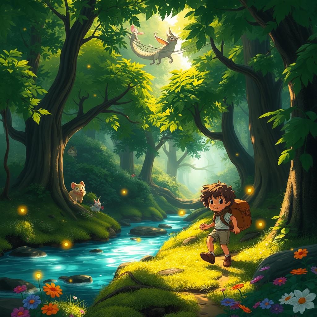 A magical forest scene inspired by Studio Ghibli, featuring vibrant, lush trees with rich green foliage, a babbling brook with crystal-clear water, and whimsical creatures peeking from behind the trees