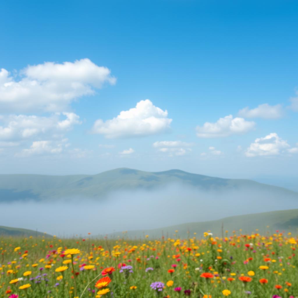 A serene landscape featuring rolling green hills under a bright blue sky with fluffy white clouds