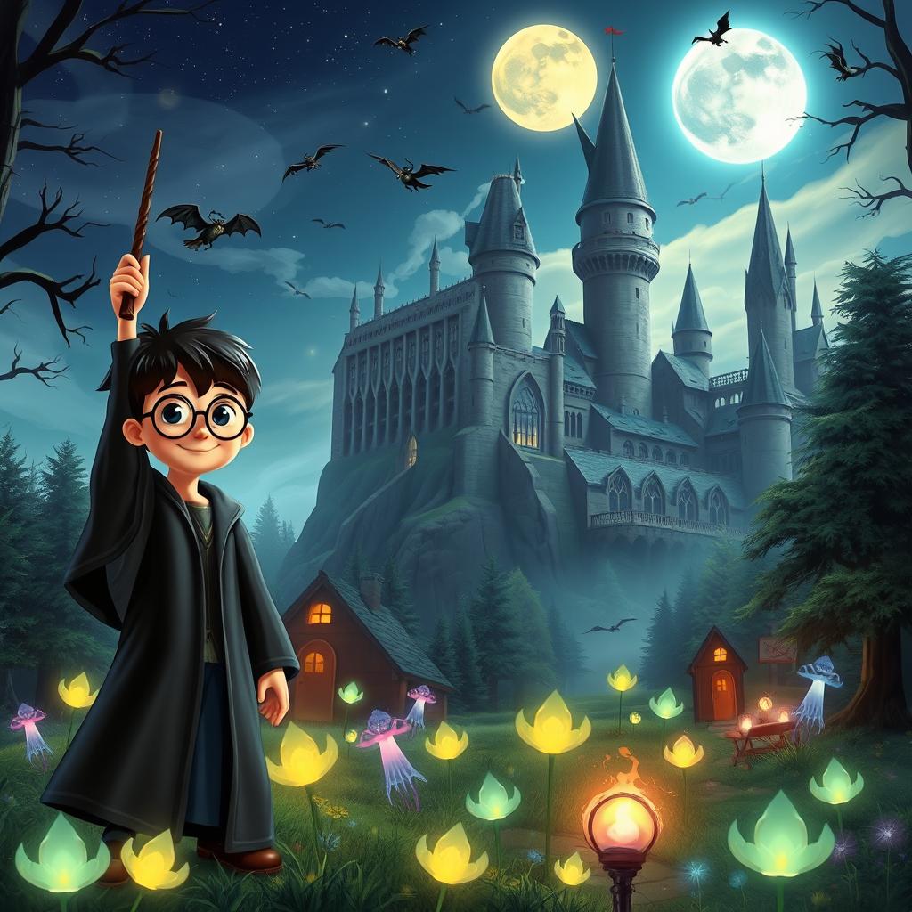 A magical scene reminiscent of the Harry Potter universe, set in a whimsical and enchanted forest