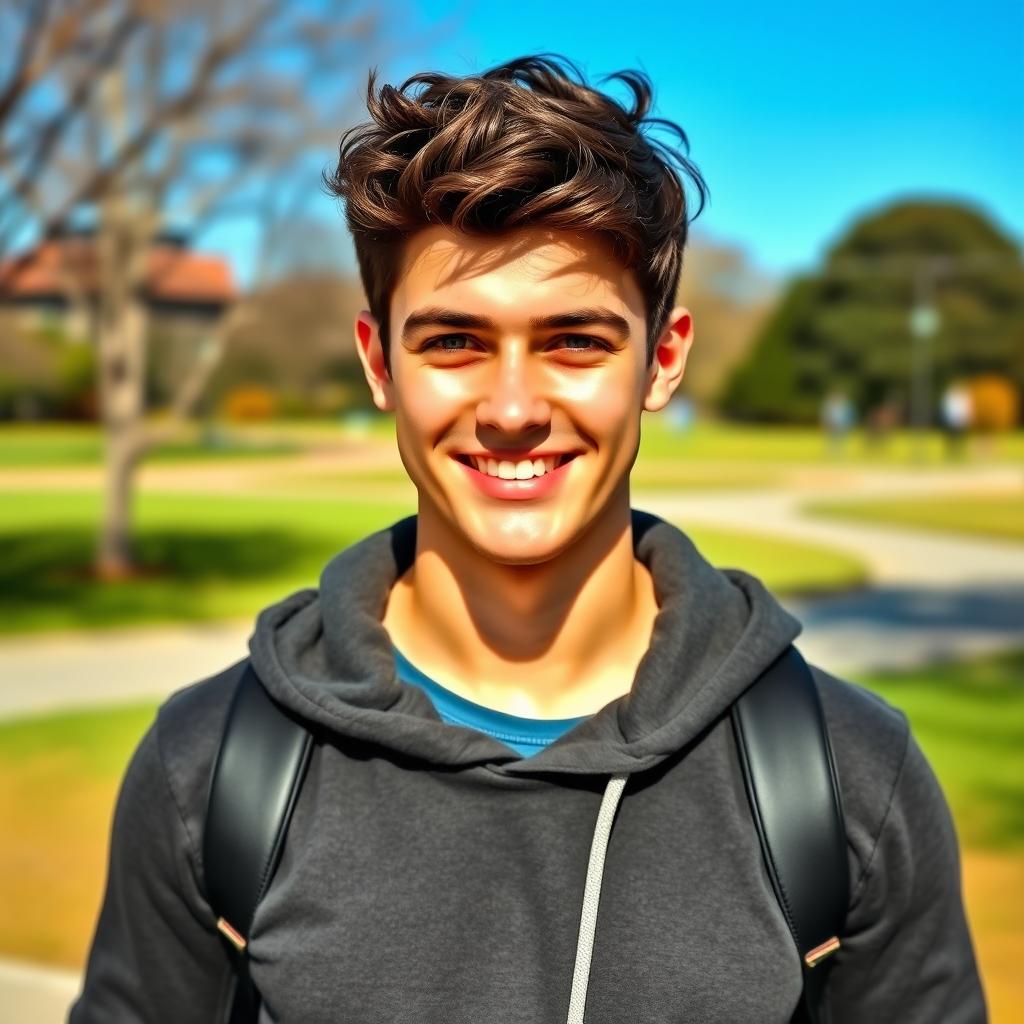 A young man at 18 years old with a charming smile, short tousled dark brown hair, and bright blue eyes