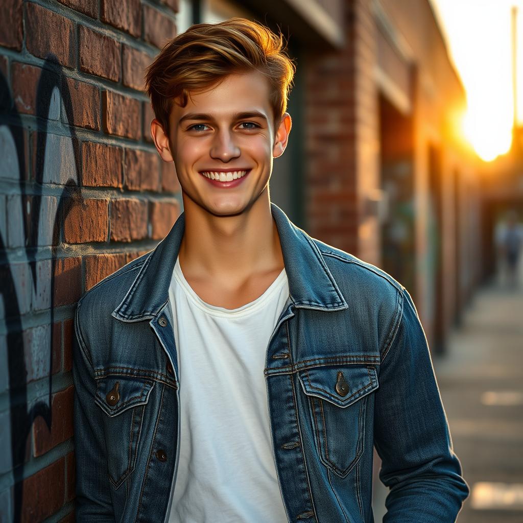 A stylish young man at age 18, with a confident posture and a radiant smile