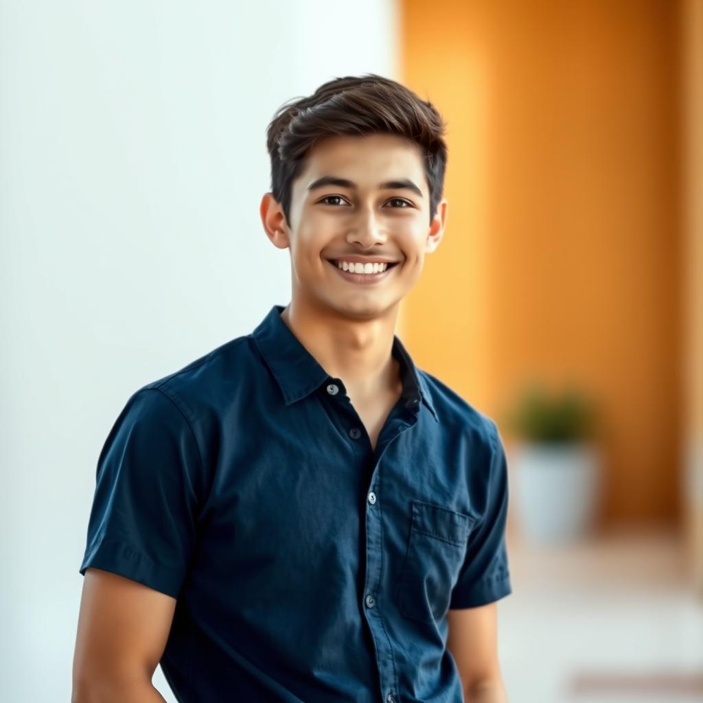 A realistic portrait of an 18-year-old young man with a bright smile, standing confidently
