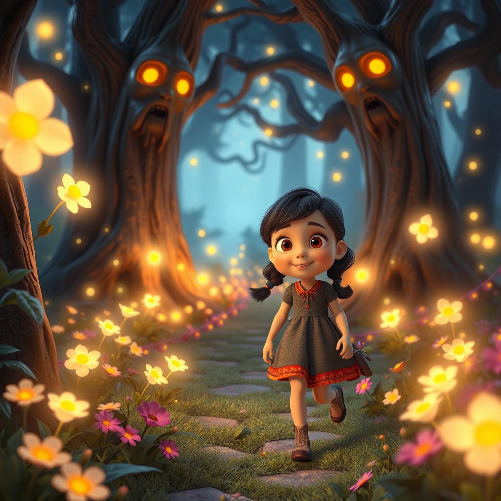 A curious young girl named Lina walking through a magical forest, surrounded by glowing flowers, sparkling fireflies, and mysterious trees with faces, in a 3D Pixar animation style