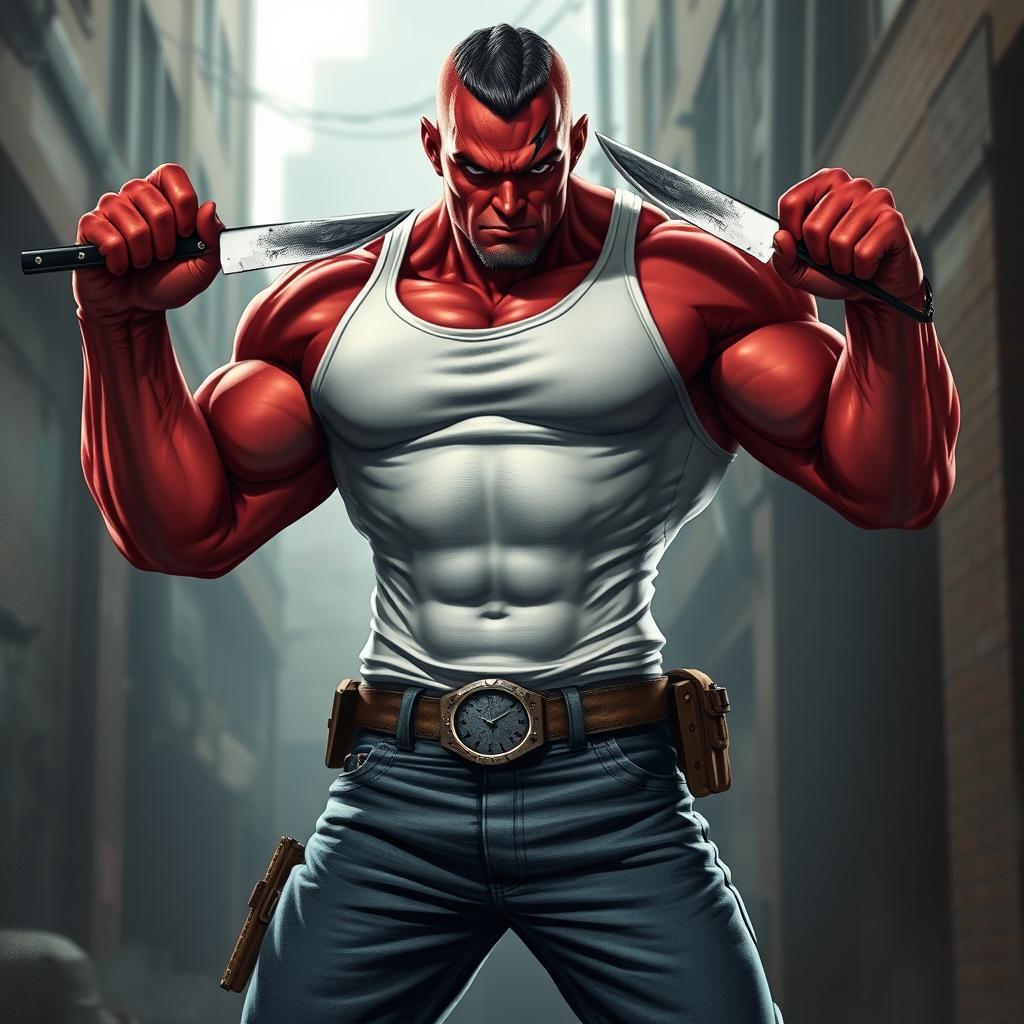 A powerful superhero named Jimbo, featuring striking red skin and an intense, muscular build