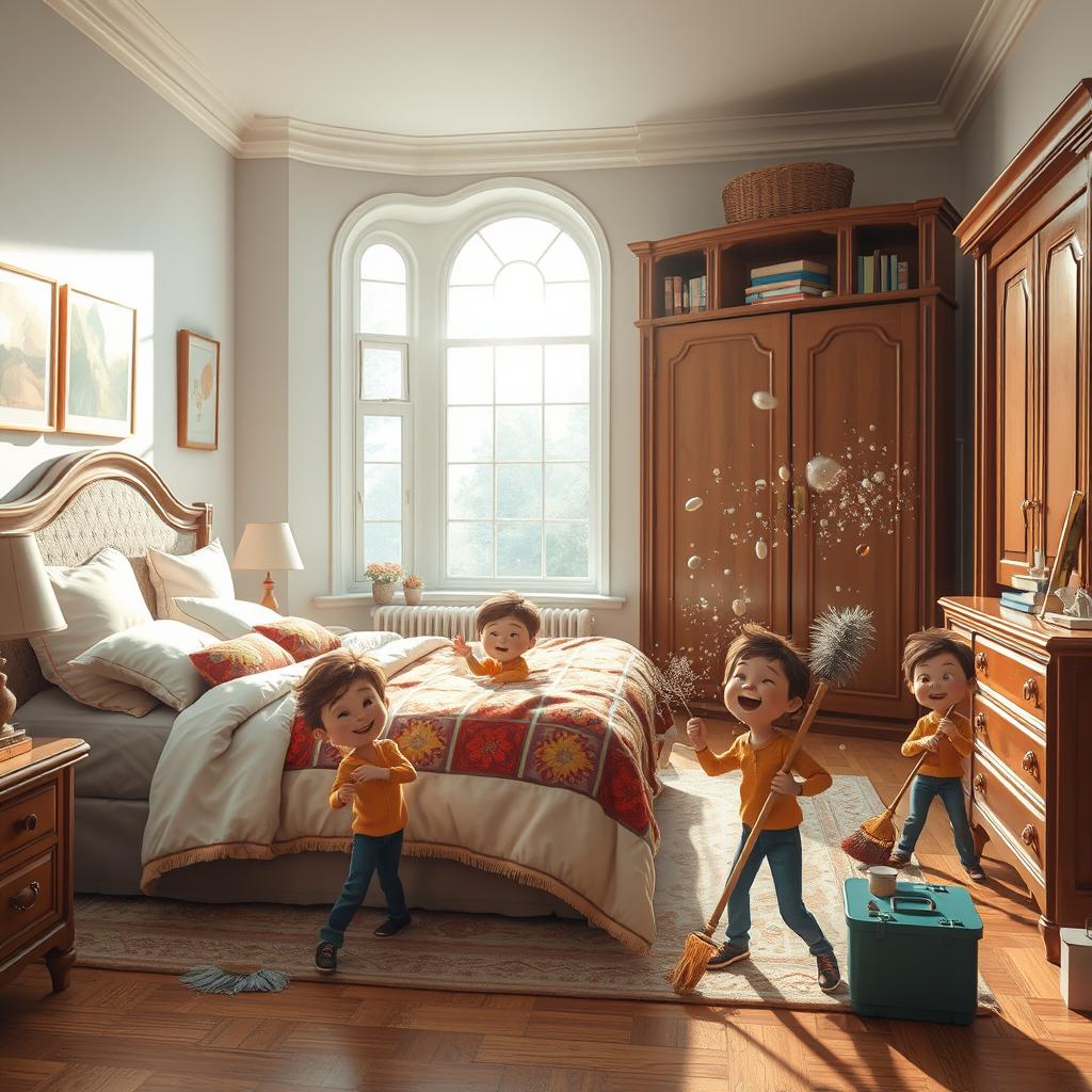 A whimsical scene depicting tiny people energetically cleaning a large, cozy bedroom