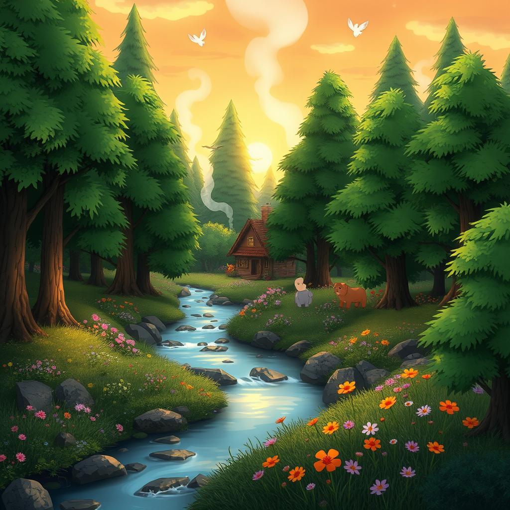 A whimsical forest scene inspired by Studio Ghibli, featuring lush green trees, whimsical creatures, and soft, dreamy lighting