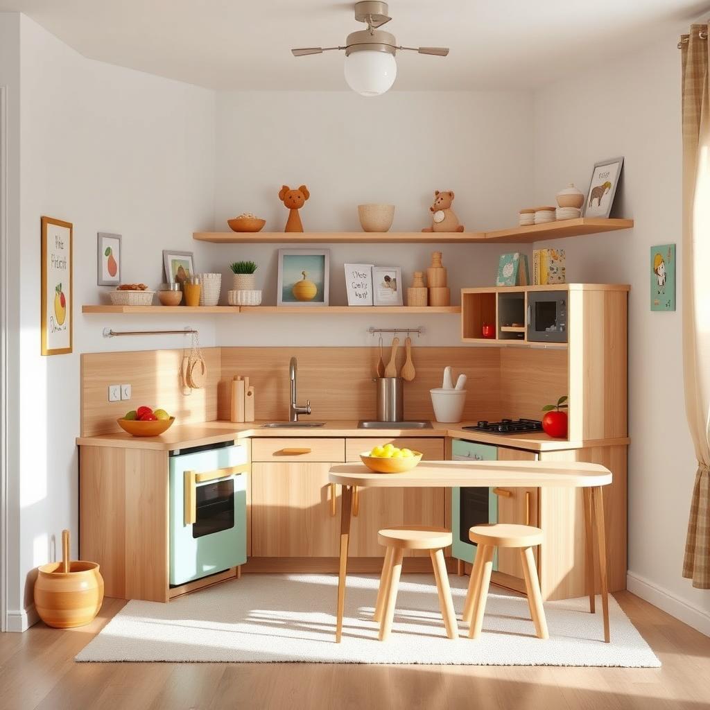 A cozy, modern wooden kitchen designed for little people, featuring low countertops, colorful cabinets, and playful decor