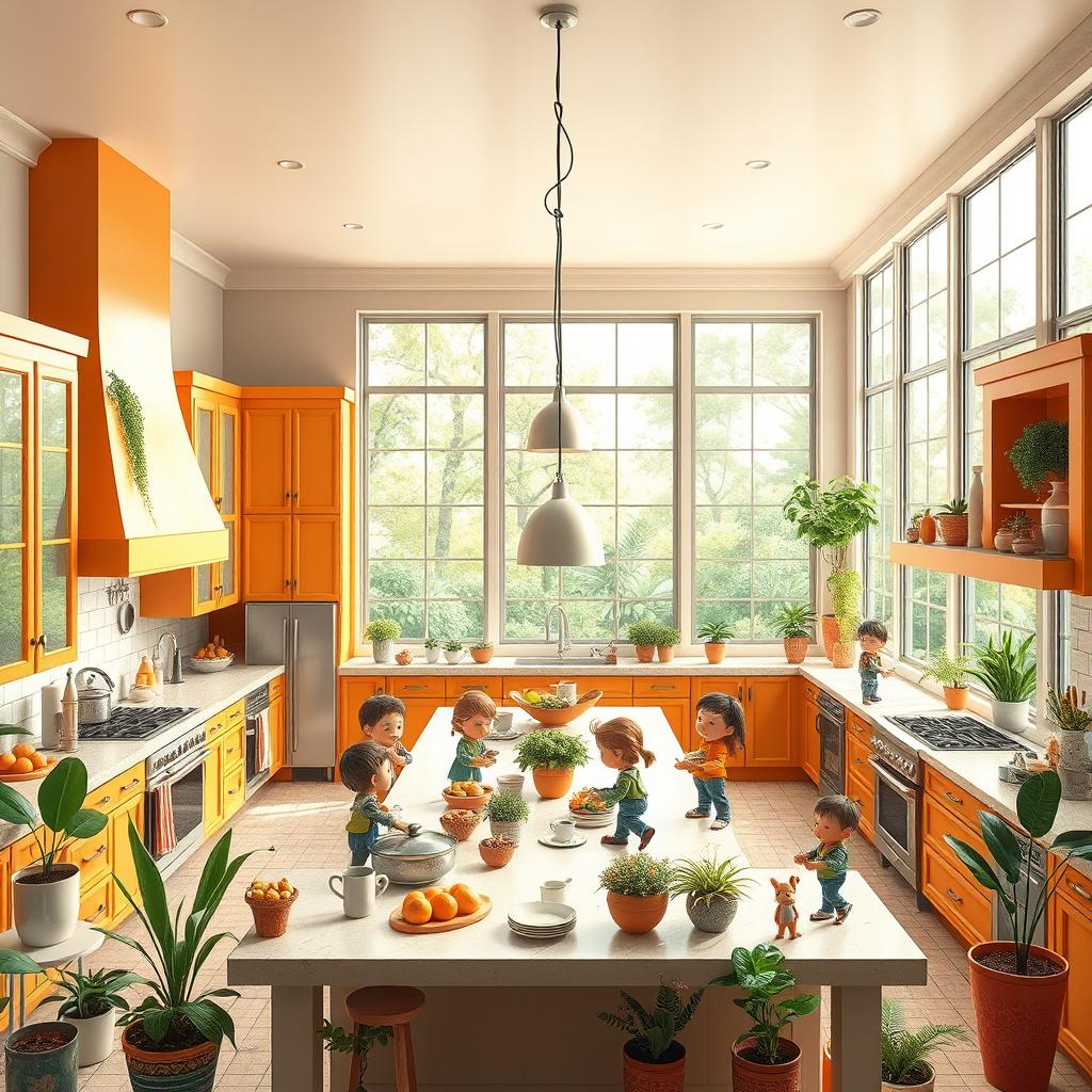 A whimsical scene depicting little people joyfully working in a beautifully designed large kitchen