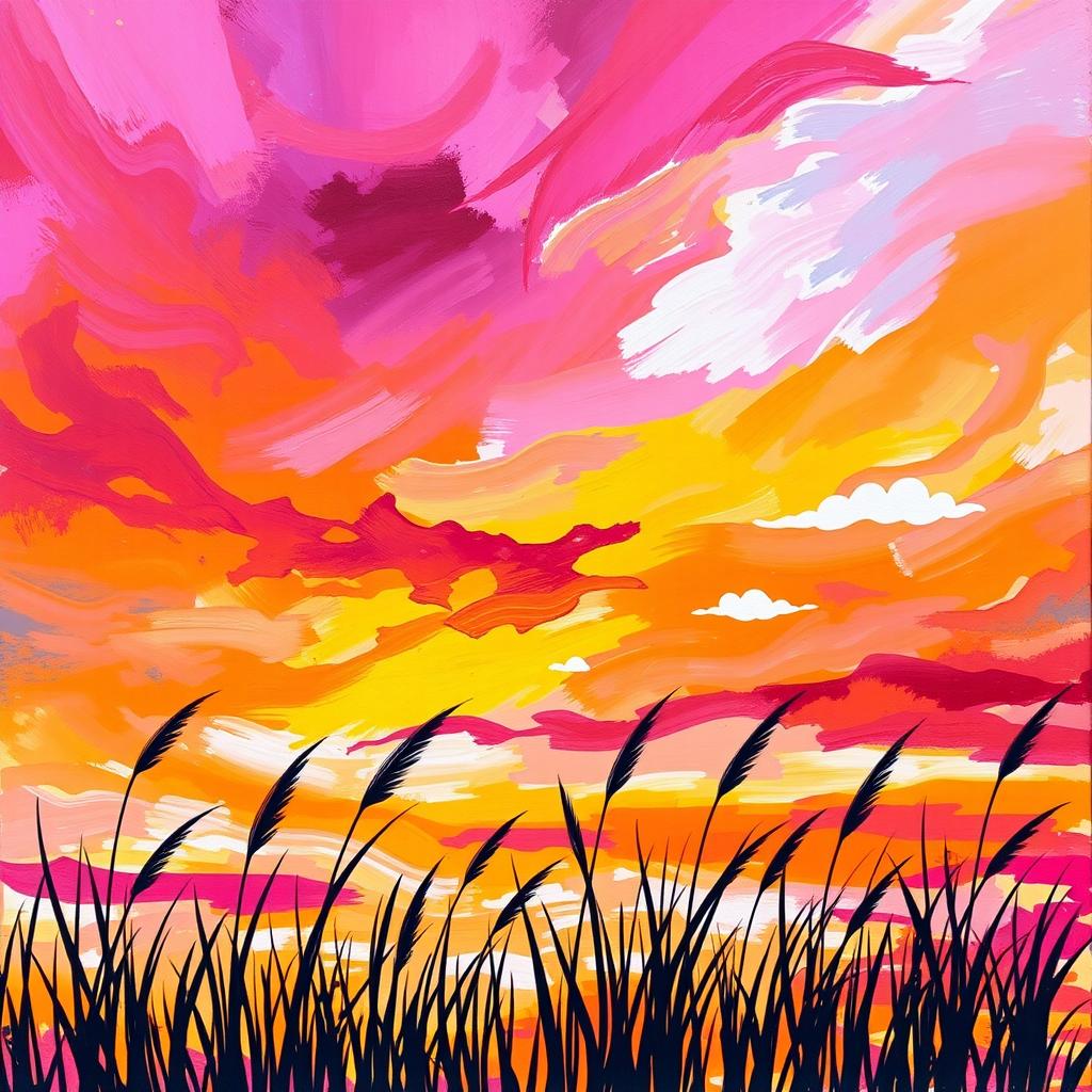 A visually stunning and vibrant abstract painting filled with swirling colors, representing a sunset sky with deep oranges, soft pinks, and purples blending together