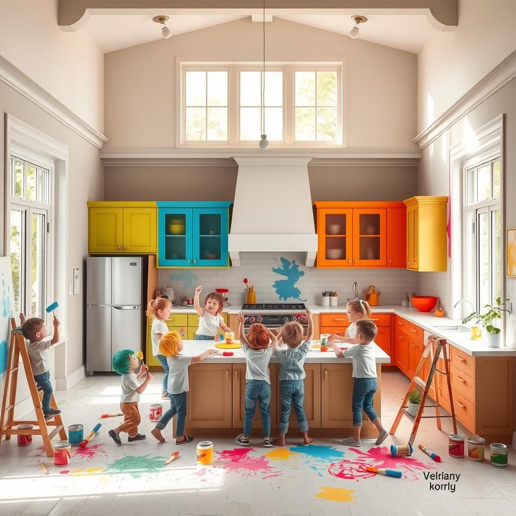 A vibrant scene of little people enthusiastically painting a spacious, beautifully designed kitchen