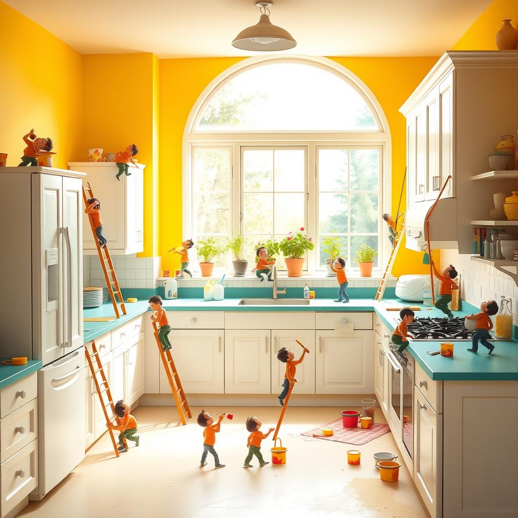 A whimsical scene featuring tiny little men painting a large, bright, and cheerful kitchen
