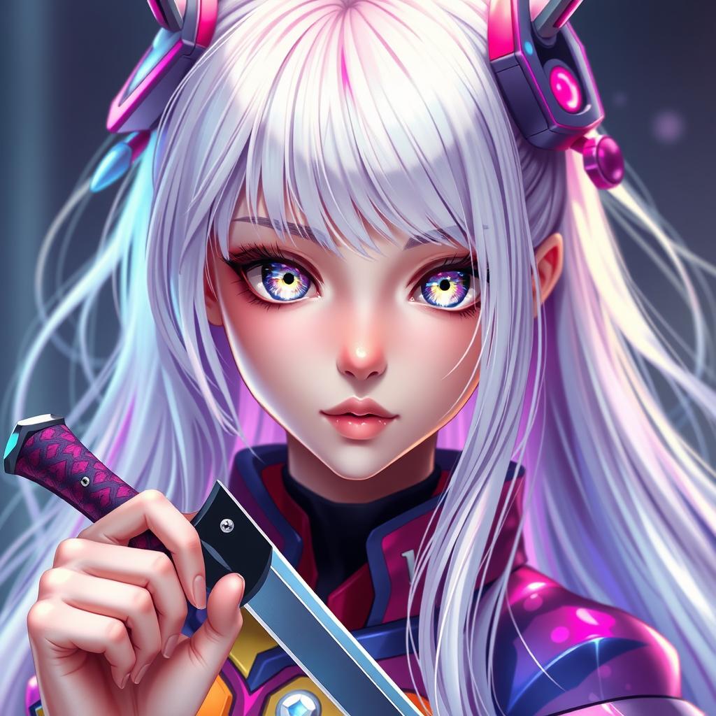 A stunningly beautiful, realistic anime girl, featuring shiny white crystal-like eyes and exquisite facial features