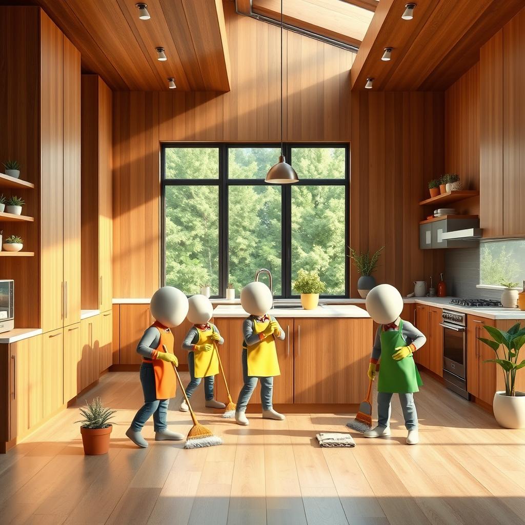 A charming scene depicting tiny little men shaped like humans, actively cleaning a large, modern wooden kitchen