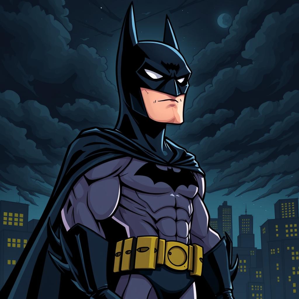A cartoon-style illustration of a Batman character inspired by the movie "The Killing Joke"