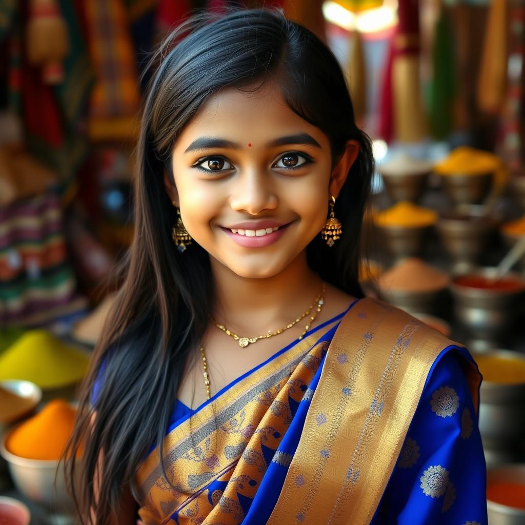 A portrait of an Indian girl with long dark hair cascading down her shoulders, adorned with traditional jewelry including earrings and a nose ring