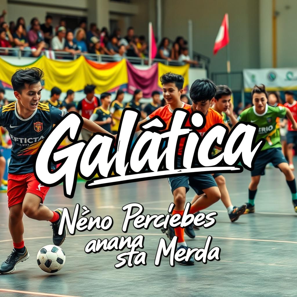 A vibrant futsal scene featuring passionate young players in dynamic action, showcasing their skills on the court
