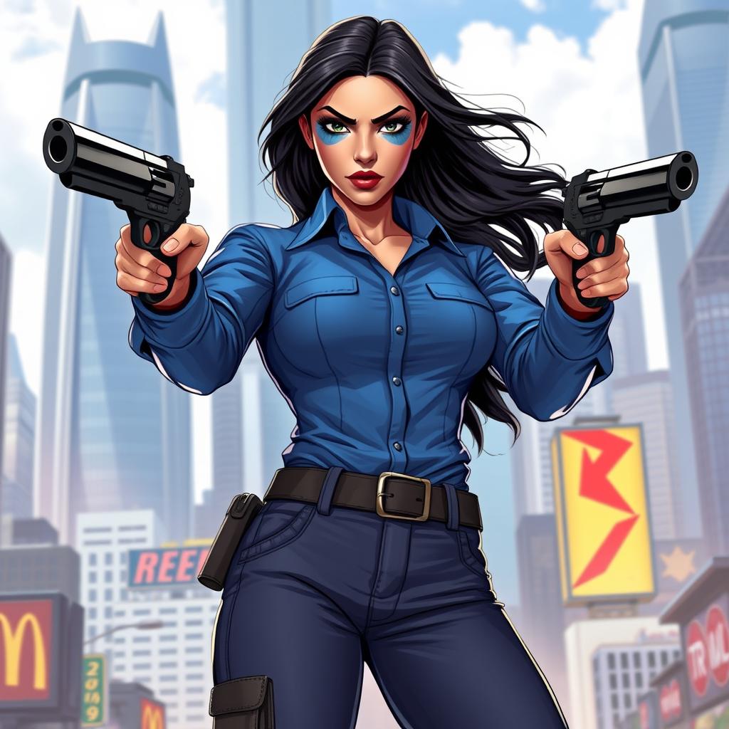 A superhero woman named Reezy wearing a fitted blue shirt and work pants, showcasing a confident stance