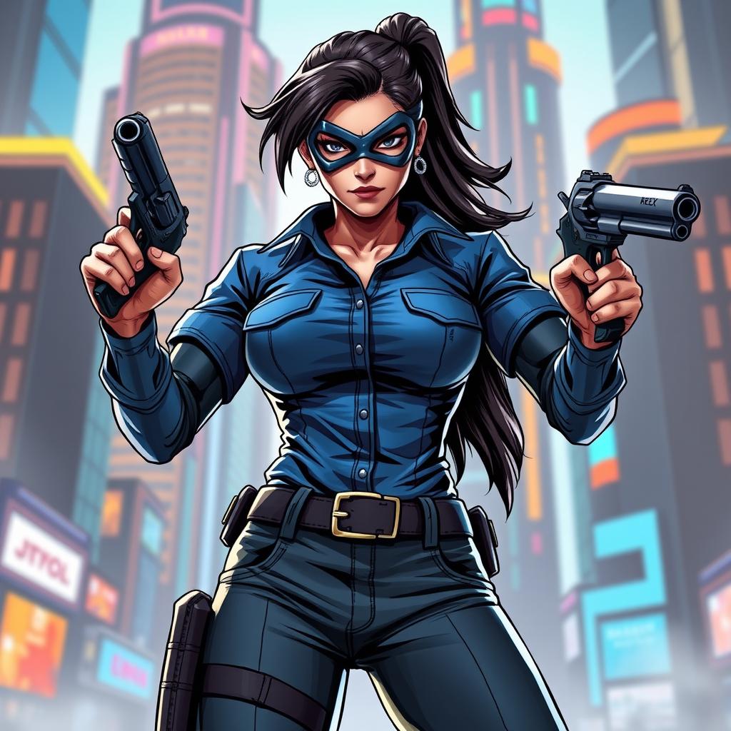 A superhero woman named Reezy, wearing a fitted blue shirt and work pants, embodying strength and confidence