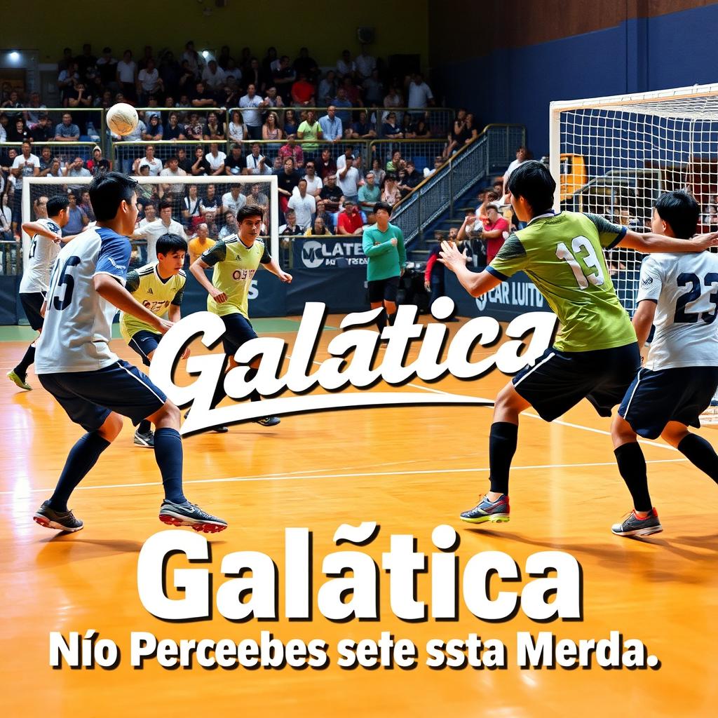 A dynamic and energetic futsal scene featuring two teams in action on a vibrant indoor court