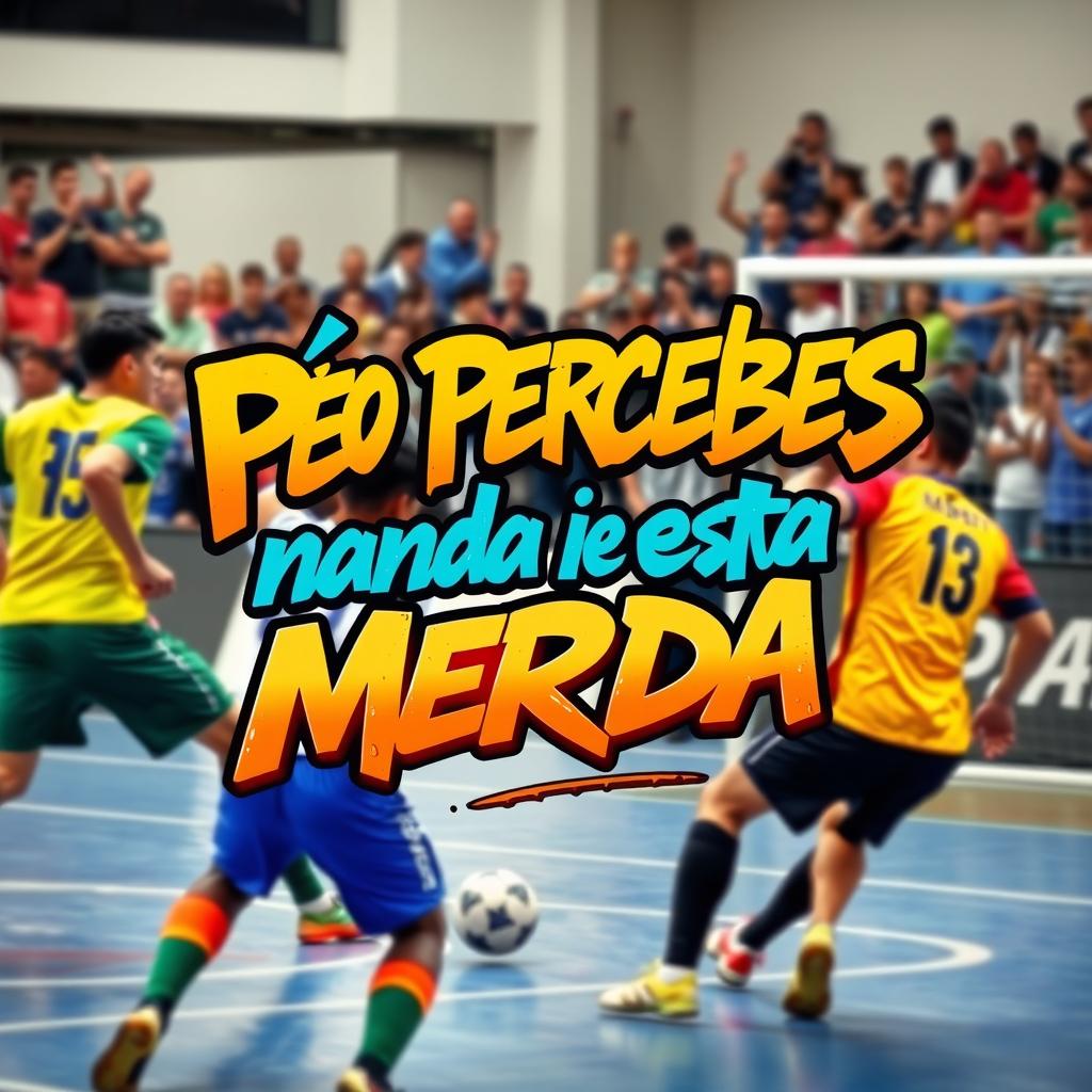 A dynamic futsal scene featuring players engaging in an intense match indoors, showcasing their athleticism and skill