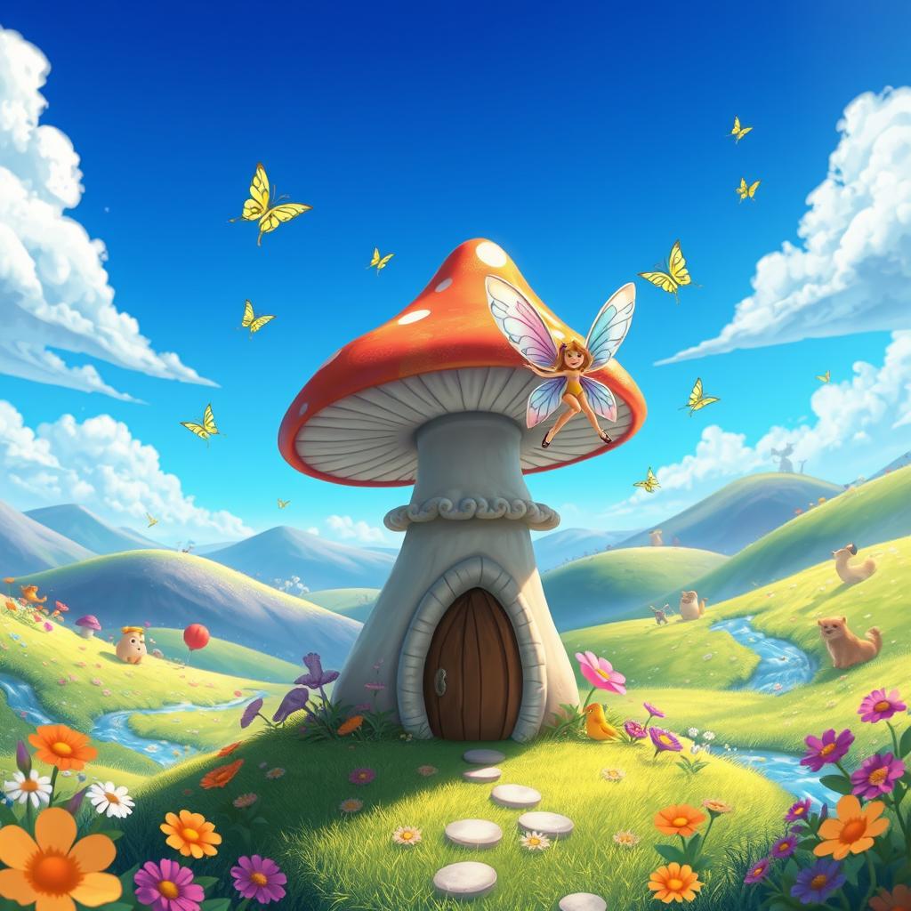 A vibrant and whimsical animated scene depicting a fantastical landscape filled with colorful flora and whimsical creatures