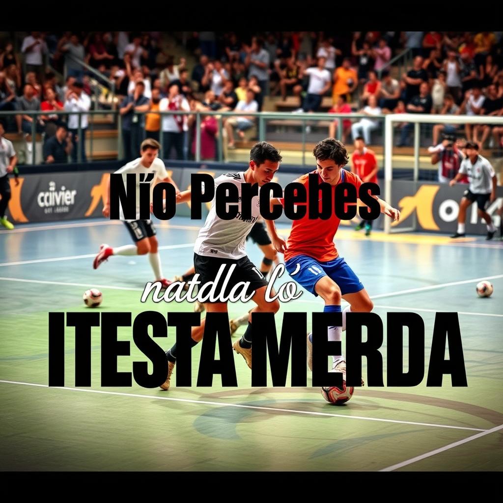 A dynamic futsal scene featuring skilled players in action on a vibrant court, showcasing agility as they dribble the ball and make strategic moves