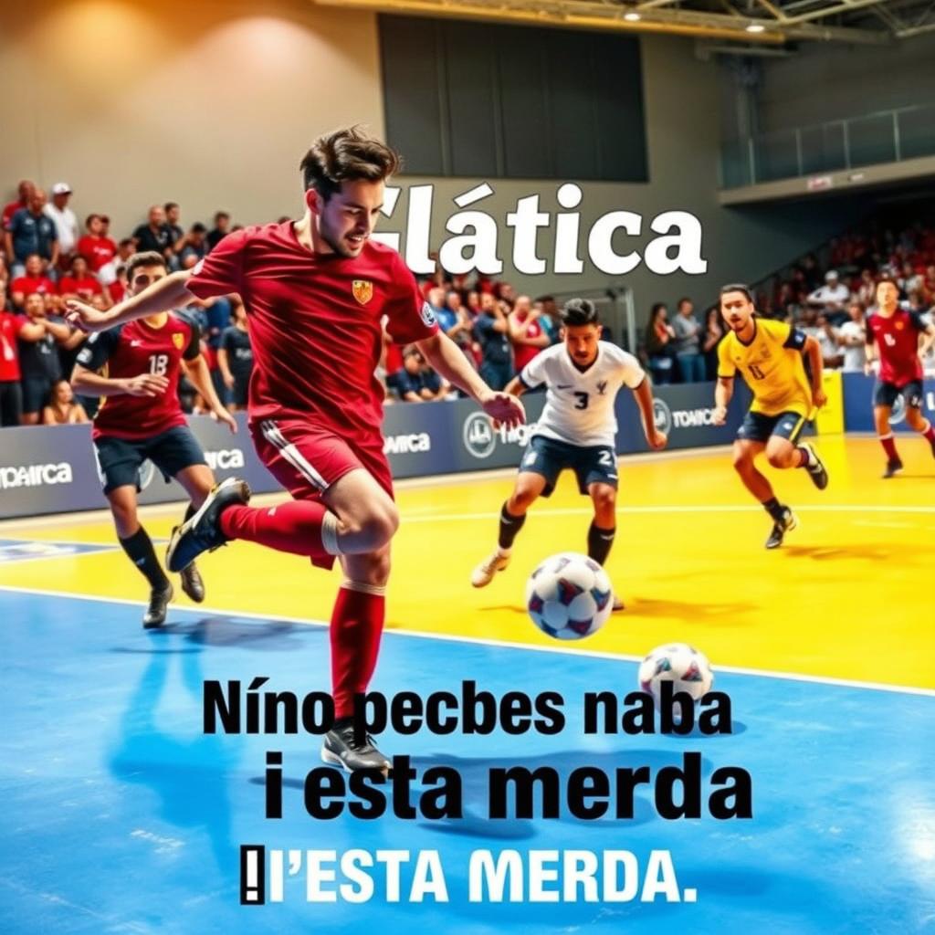 A dynamic futsal scene featuring a intense match between two teams