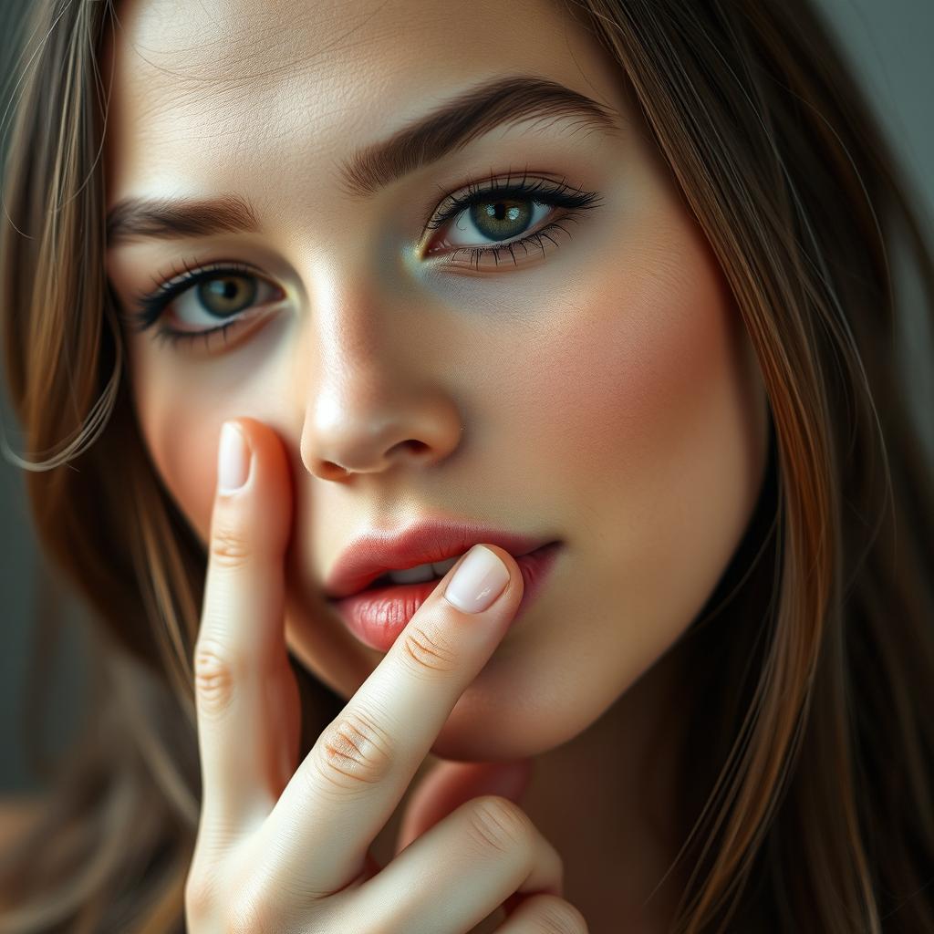 A stunning close-up portrait of a 24-year-old woman softly touching her lips with her fingers, exuding a sense of calm and contemplation