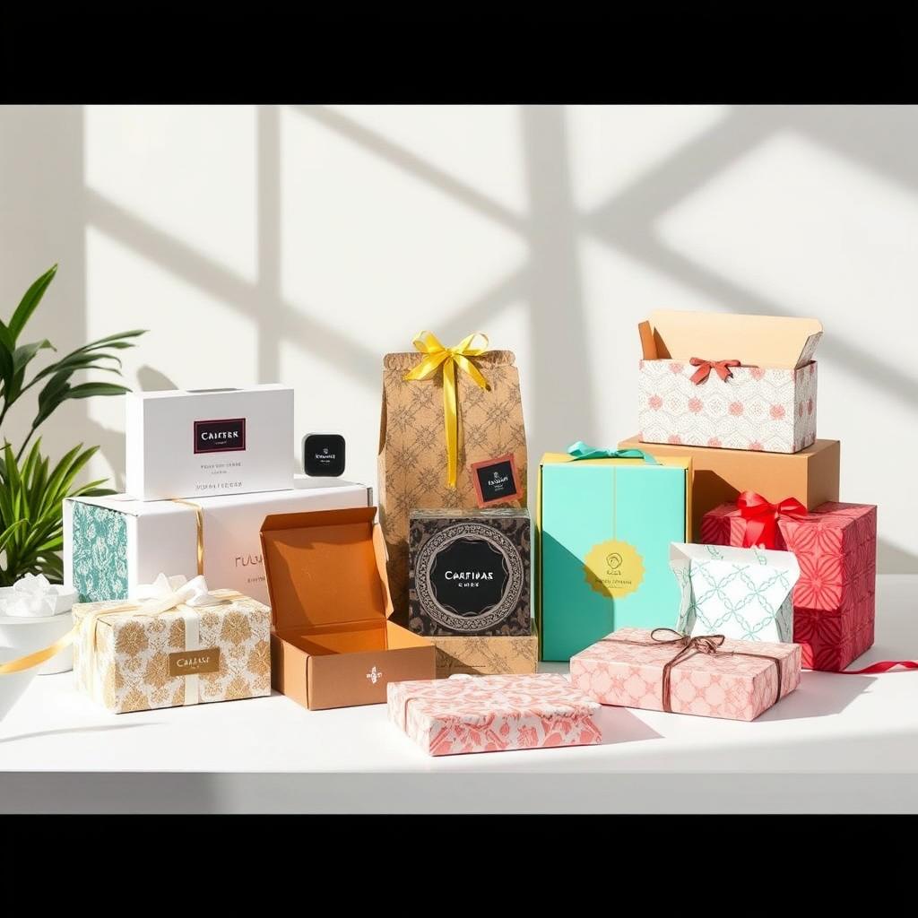 A variety of custom packaging boxes displayed creatively in a bright, modern setting