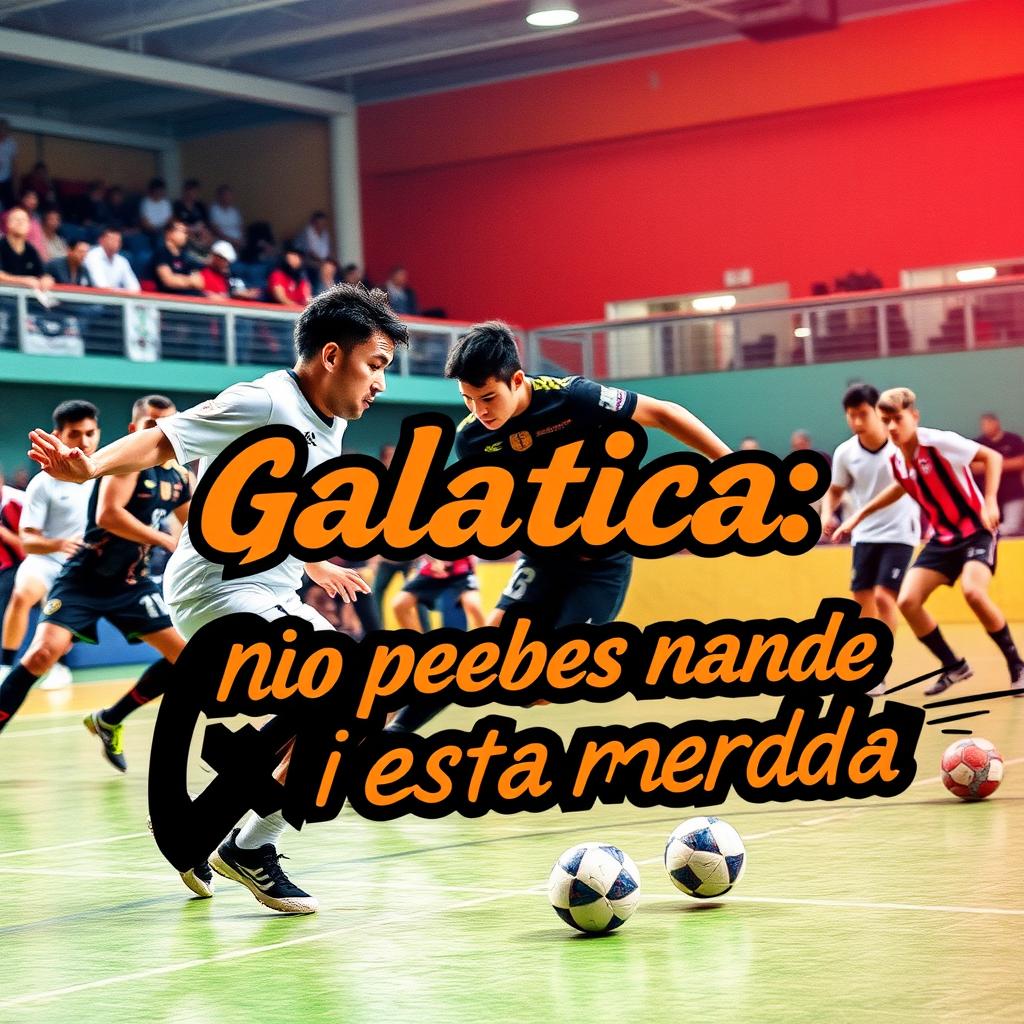 An intense futsal game in action, showcasing players dribbling the ball, showcasing skill and teamwork on a vibrant indoor court
