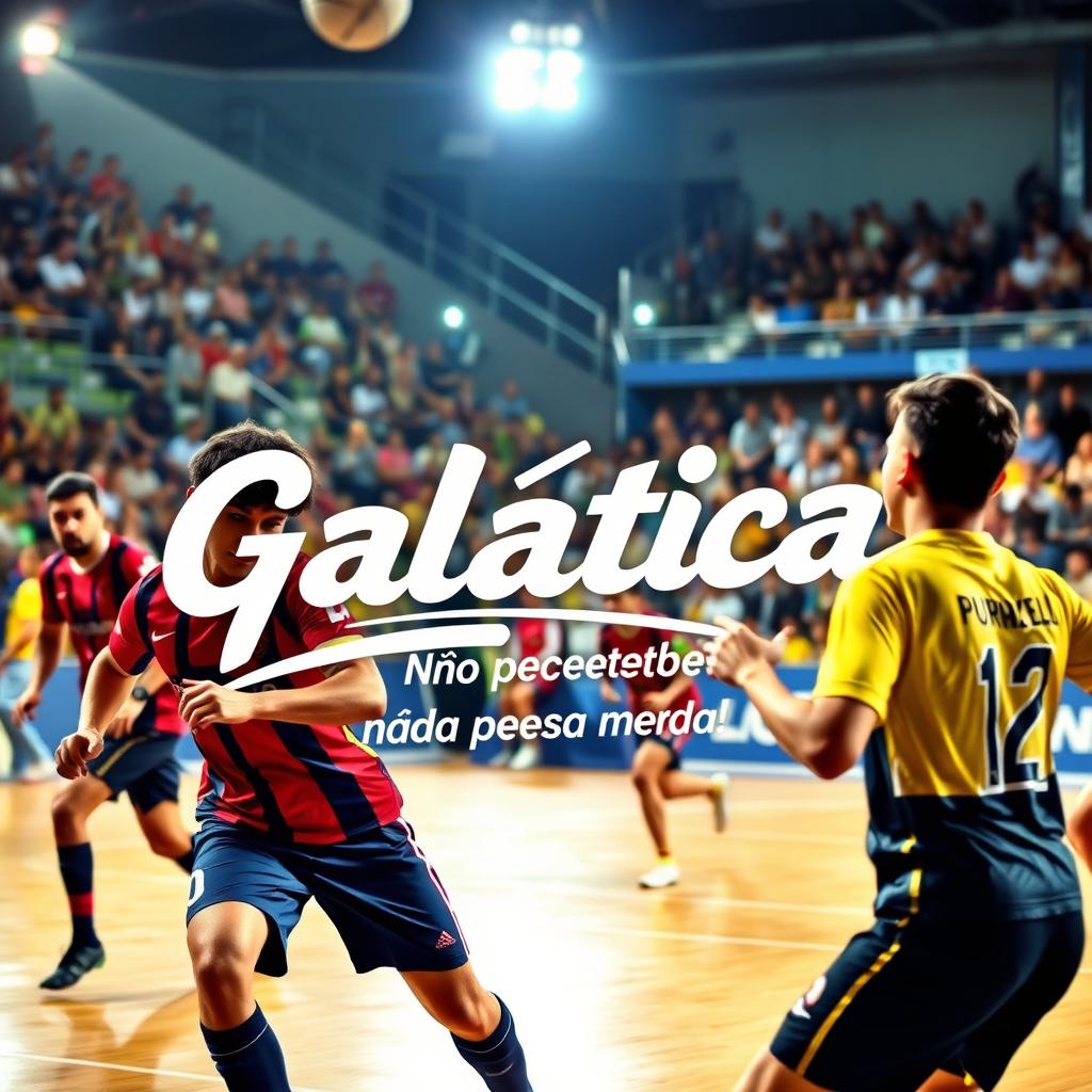 A vibrant and dynamic futsal scene featuring players in action on the court, showcasing intense movements and expressions of concentration