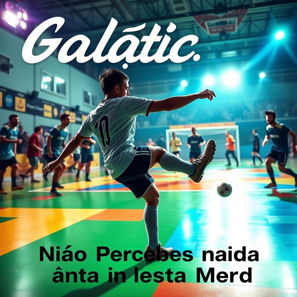 A vibrant futsal scene capturing the intensity of a match, with players showcasing their skills on a colorful indoor court