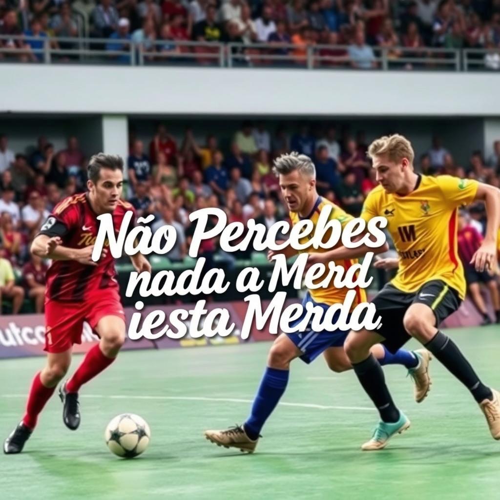 A dynamic scene depicting an intense futsal game, featuring skilled players in motion as they dribble, pass, and shoot the ball