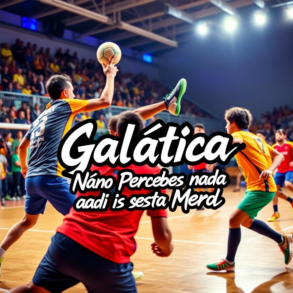 A dynamic scene capturing the excitement of a futsal game in an indoor arena, featuring players in vibrant kits demonstrating agility and skill, the ball in mid-air as a player performs a spectacular kick