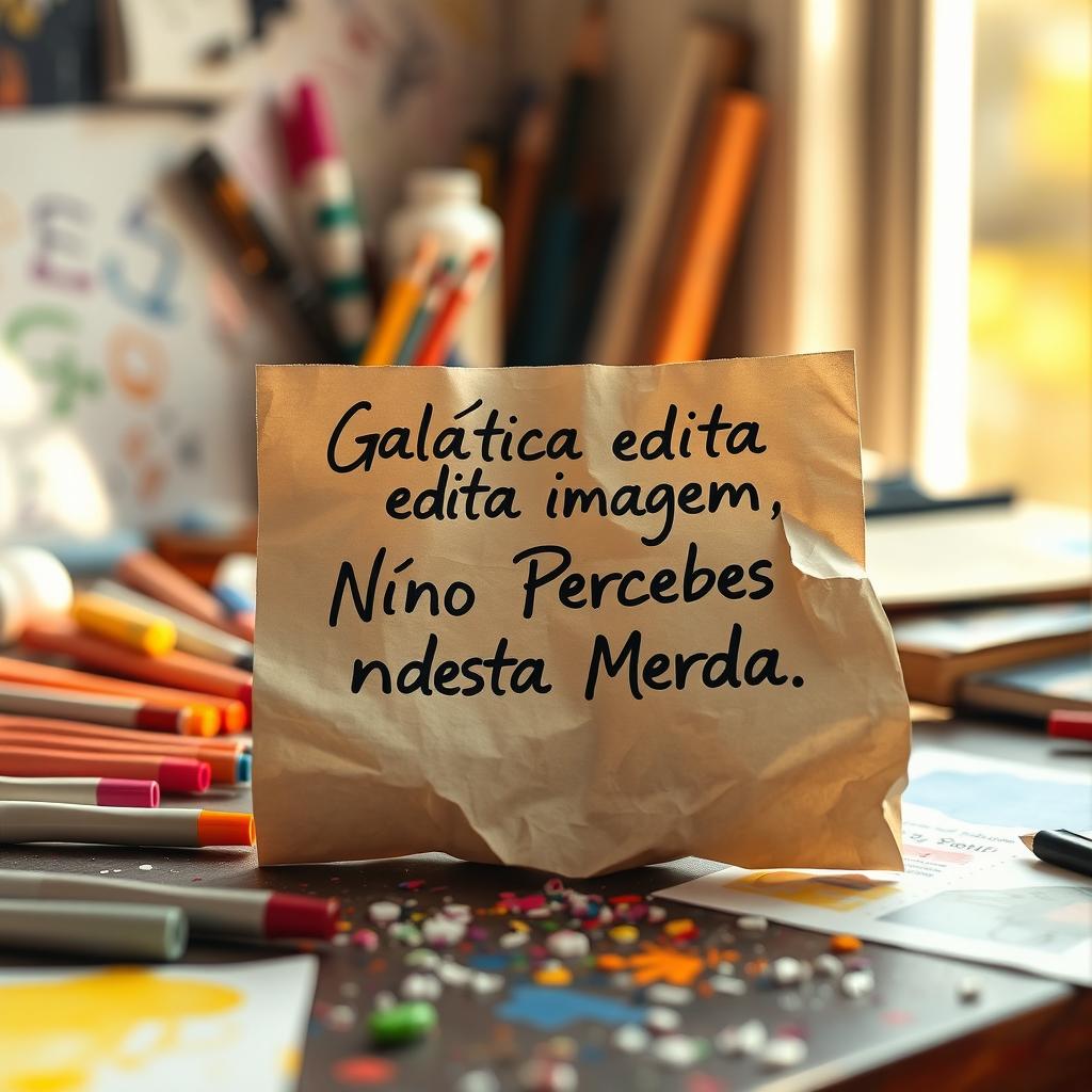 A humorous scene featuring a crumpled piece of paper with a note that reads in stylish handwriting: "Galática edita imagem, Não Percebes nada desta Merda