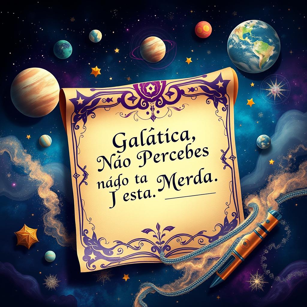 A visually striking image featuring a note styled as a galactic manuscript, with intricate designs and vibrant colors reflective of a cosmic theme