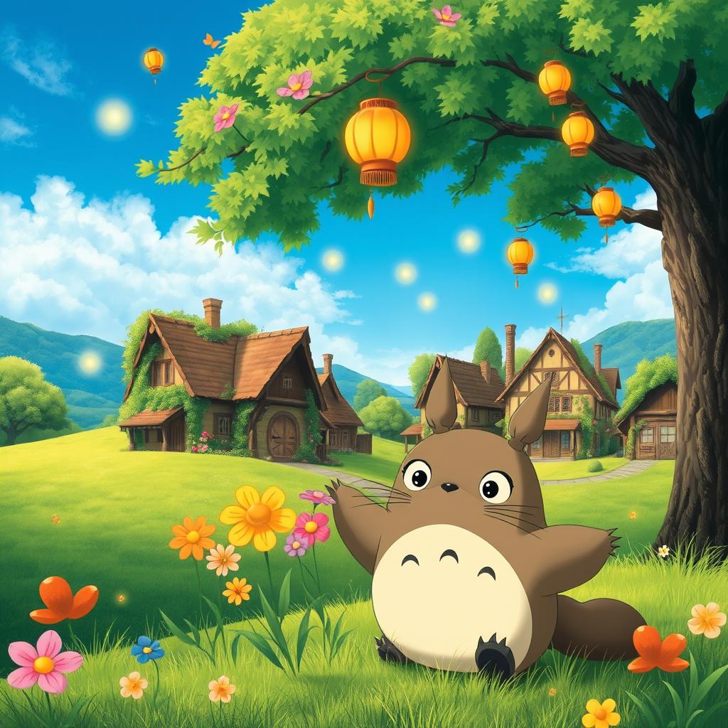 A whimsical, enchanting landscape featuring lush green hills and a bright blue sky, reminiscent of Studio Ghibli's art style