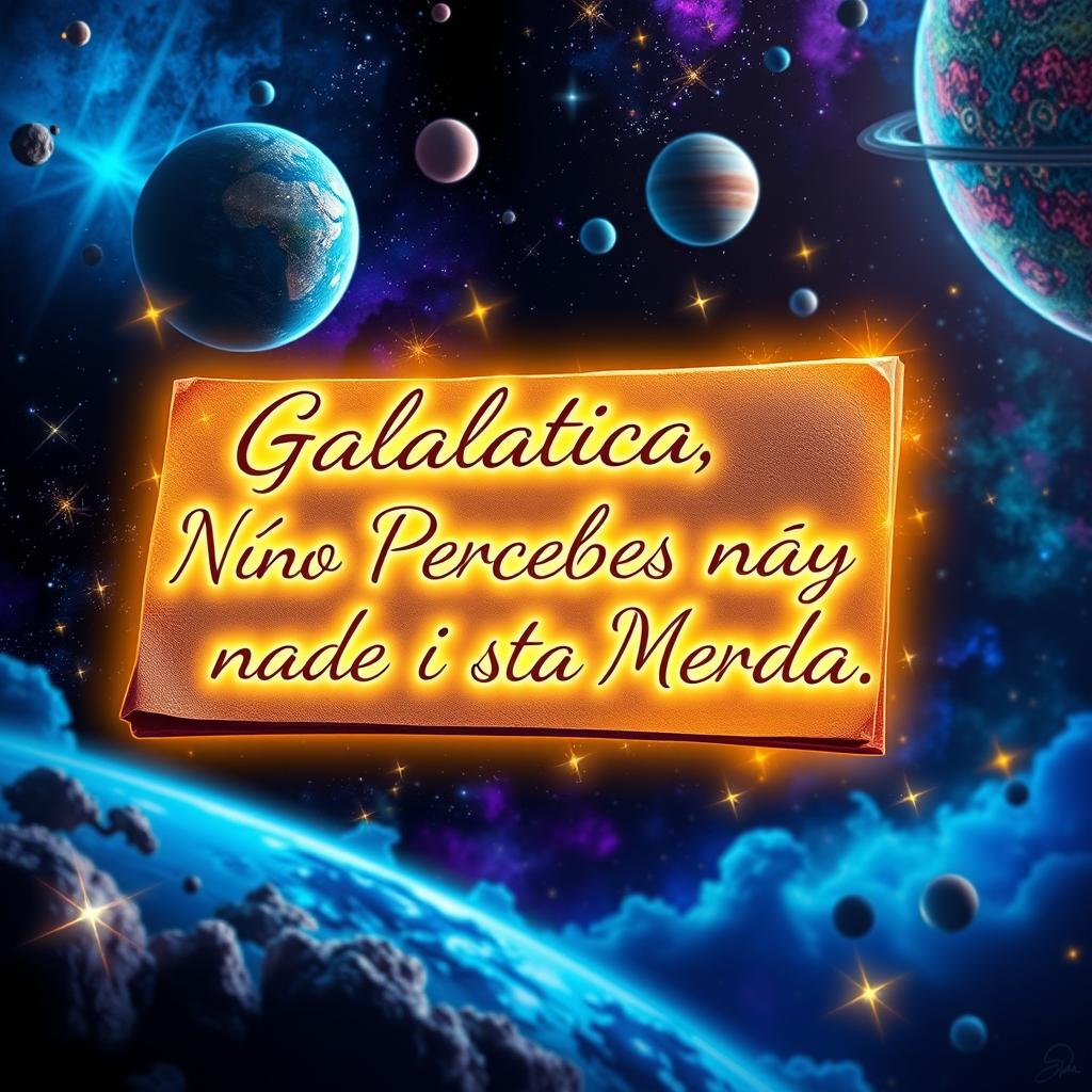 A cosmic scene set in space featuring a glowing, futuristic note that reads 'Galática, Não Percebes nada desta Merda
