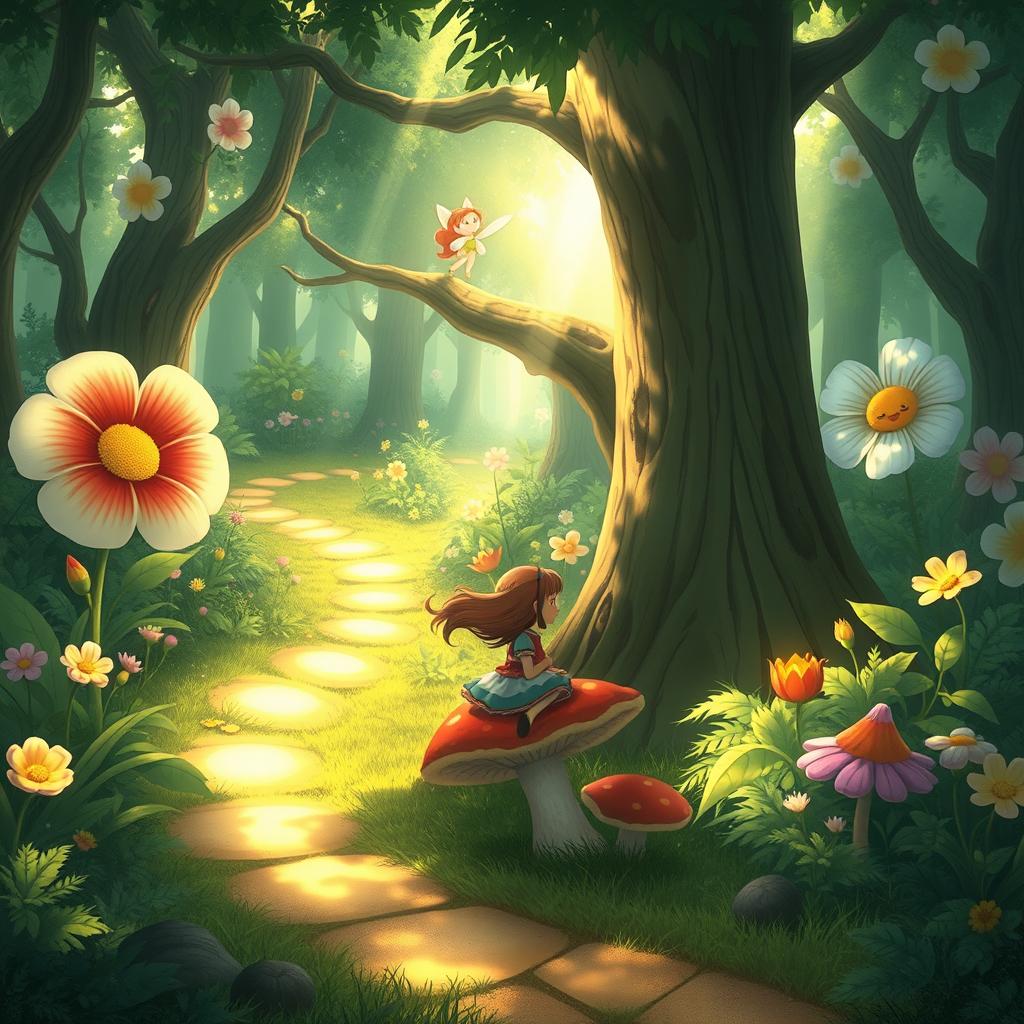 A whimsical scene depicting a lush and enchanting forest, inspired by Studio Ghibli's artistic style