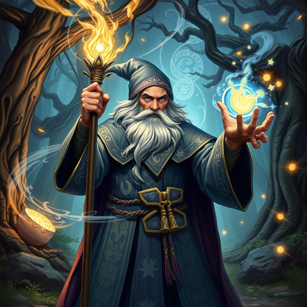 A powerful wizard casting a spell, surrounded by mystical swirling energies and glowing runes