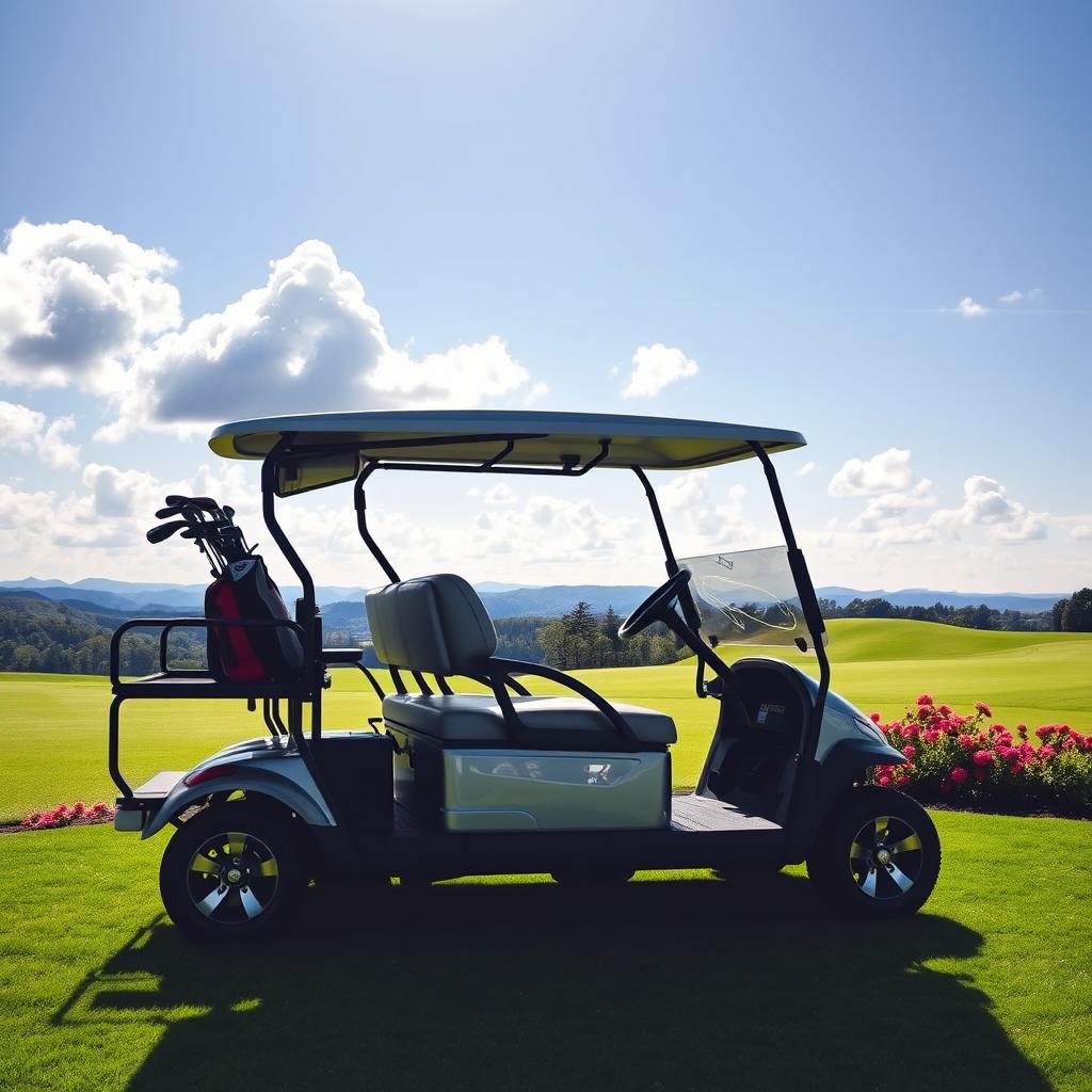 A stylish, electric golf cart parked on a lush green golf course, surrounded by manicured lawns and colorful flowers