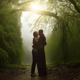 A romantic picture of a couple gently held in affection, in a beautiful environment reflecting their mood.