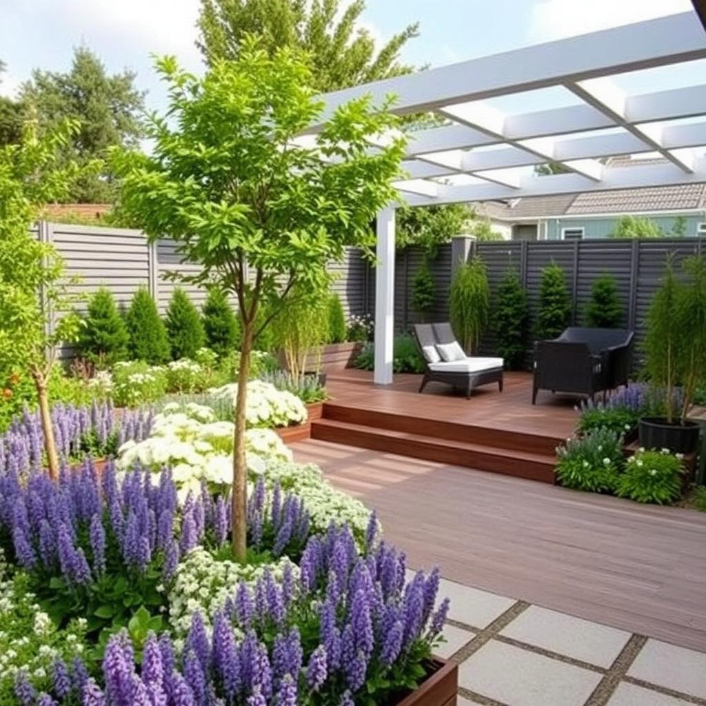 A contemporary style small garden featuring beautifully organized herbaceous borders in shades of green, white, and lilac