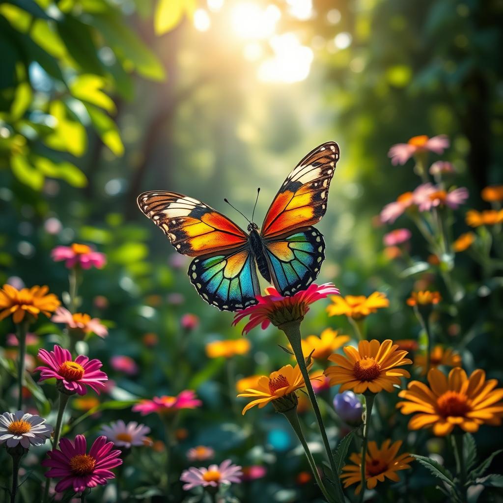A realistic butterfly perched delicately on a vibrant flower in a lush green forest setting